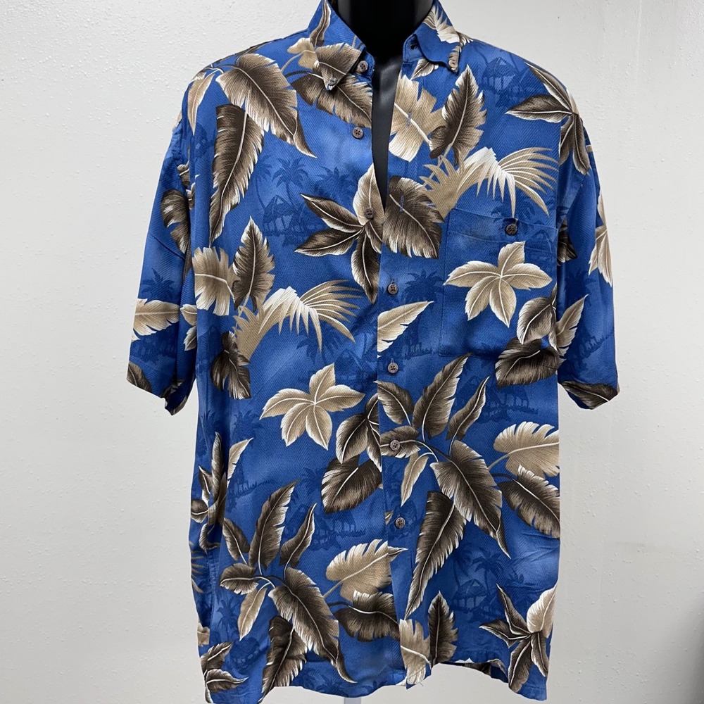 Tropical Palm Leaf Hawaiian Shirt Button Up Short Sleeve Blue Size XL - Picture 1 of 9